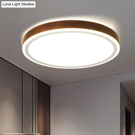 Wooden Led Flush Mount - Minimalist Round Light Fixture For Bedroom In Brown