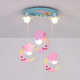 Wooden Moon And Star Semi Flush Mount Ceiling Light With Cartoon Design - 5 Blue/Pink Lights Pink