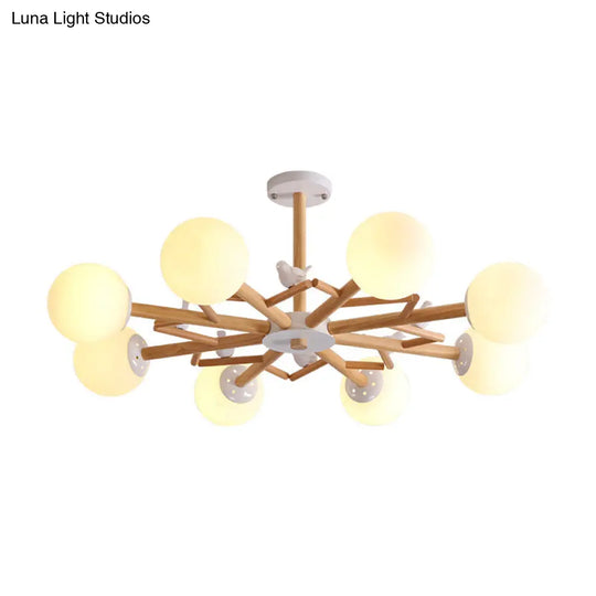 Nordic Cream Glass Ball Chandelier: Wood Accent With Bird Decor