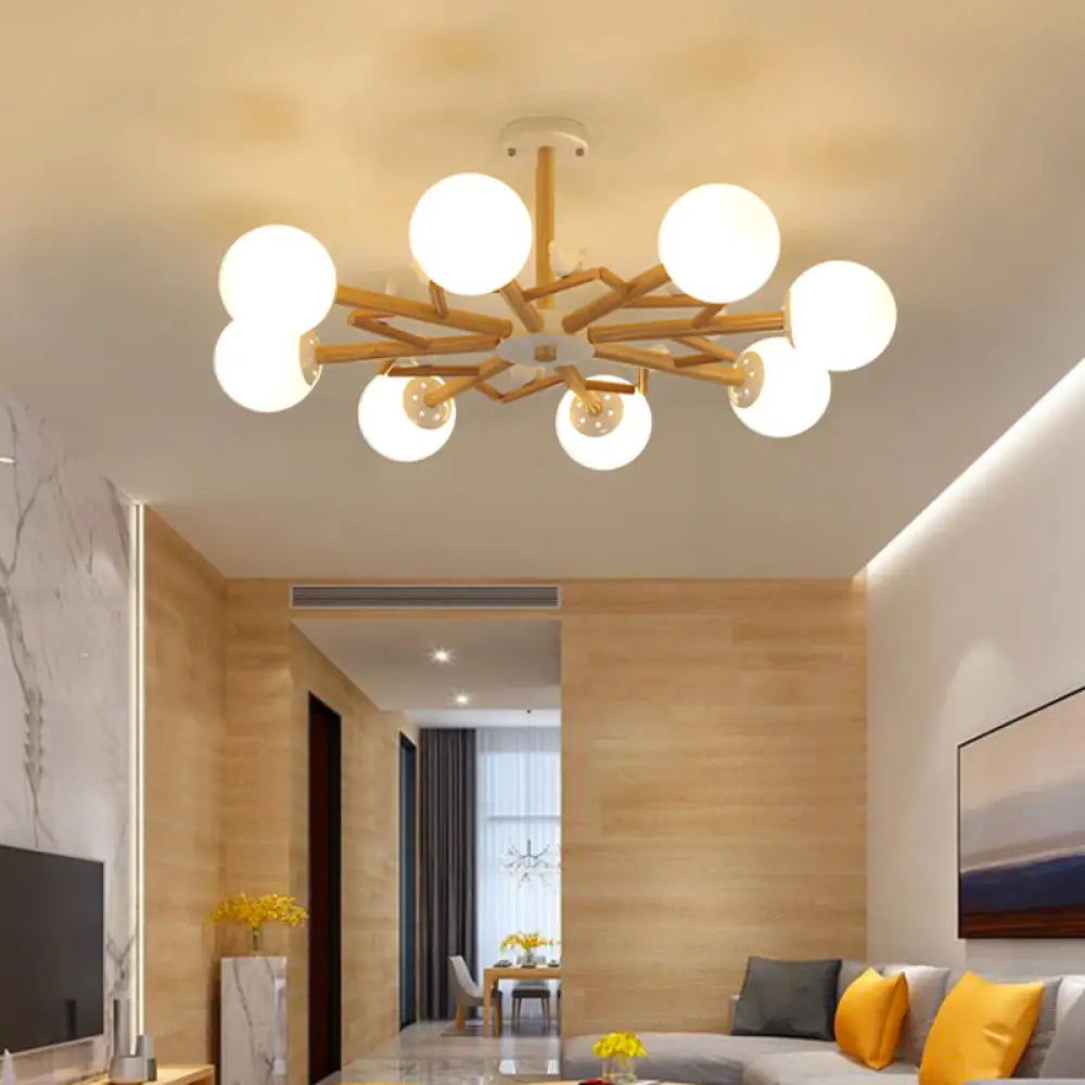 Wooden Nordic Ball Chandelier: Cream Glass Living Room Hanging Light With Bird Decor 8 / Wood