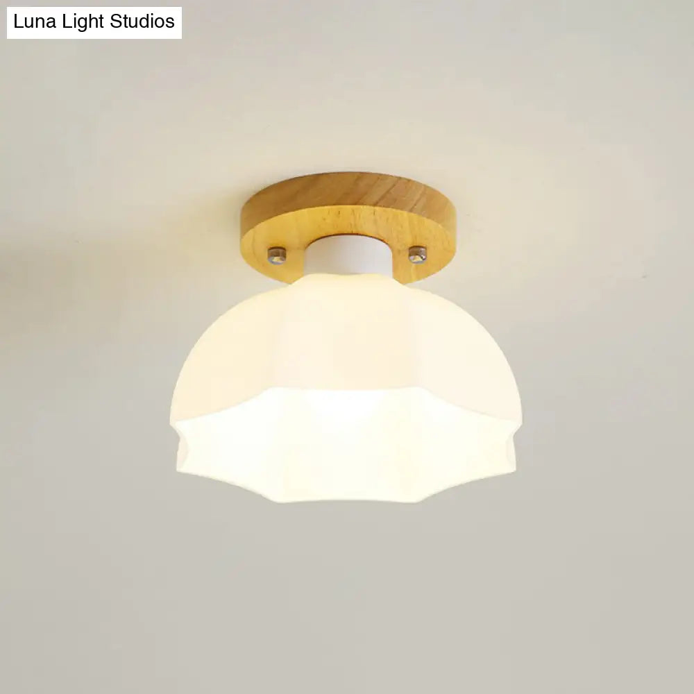 Wooden Nordic Semi Flush Ceiling Light With White Glass - Small Size / C