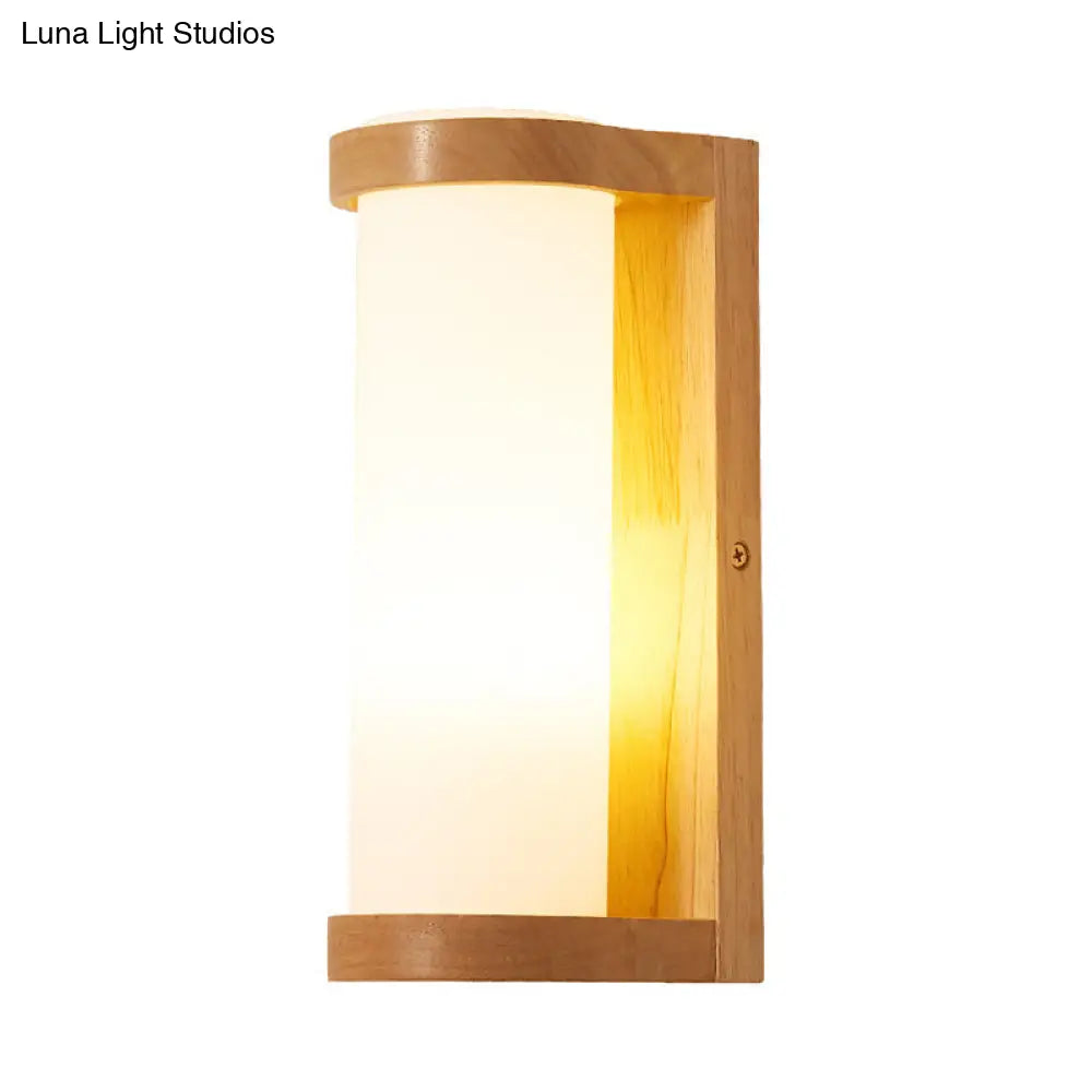 Wooden Rectangle Sconce Lamp With Opal Glass Shade - Simple Corner Wall Mount Lighting