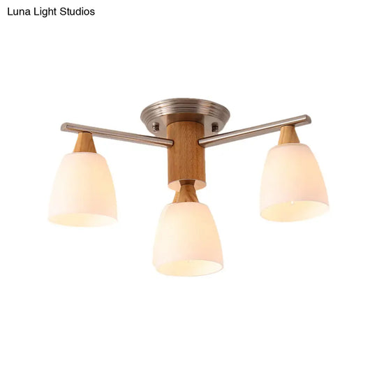 Sleek 4-Light Modern White Glass Semi Flush Mount With Wooden Accents