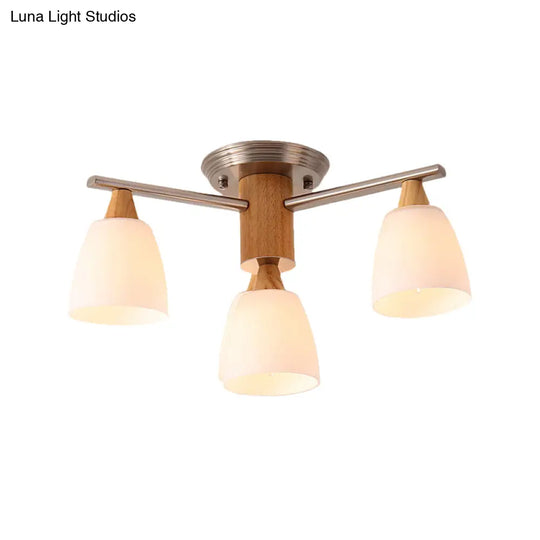 Wooden Semi Flush Mount Light With Modern White Glass Shade & 4 Tapered Lights