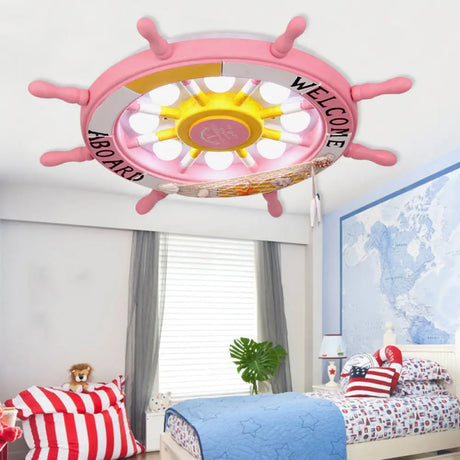 Wooden Ship Rudder Ceiling Lamp - 8 - Bulb Led Semi Flush Mount Light (White/Pink/Blue Options)