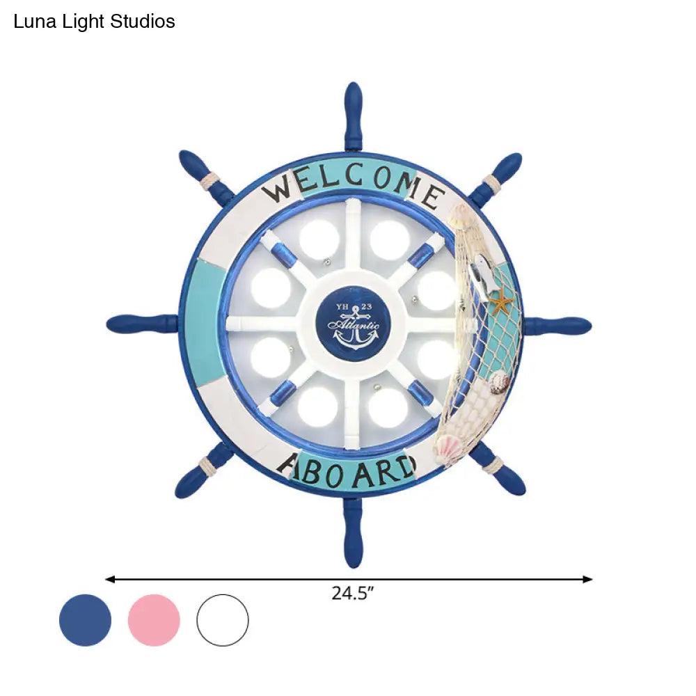 Wooden Ship Rudder Ceiling Lamp - 8 - Bulb Led Semi Flush Mount Light (White/Pink/Blue Options)