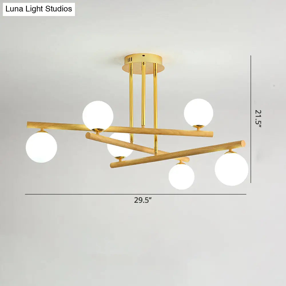 Modern Wood And Glass Sphere Chandelier - Minimalist Hanging Light For Bedroom