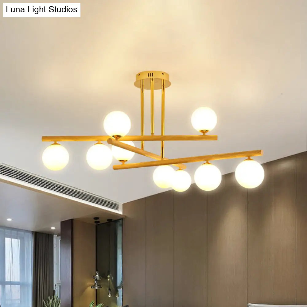 Wooden Spherical Chandelier With Opal Glass Shade For Minimalist Bedroom Lighting