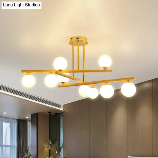 Wooden Spherical Chandelier With Opal Glass Shade For Minimalist Bedroom Lighting