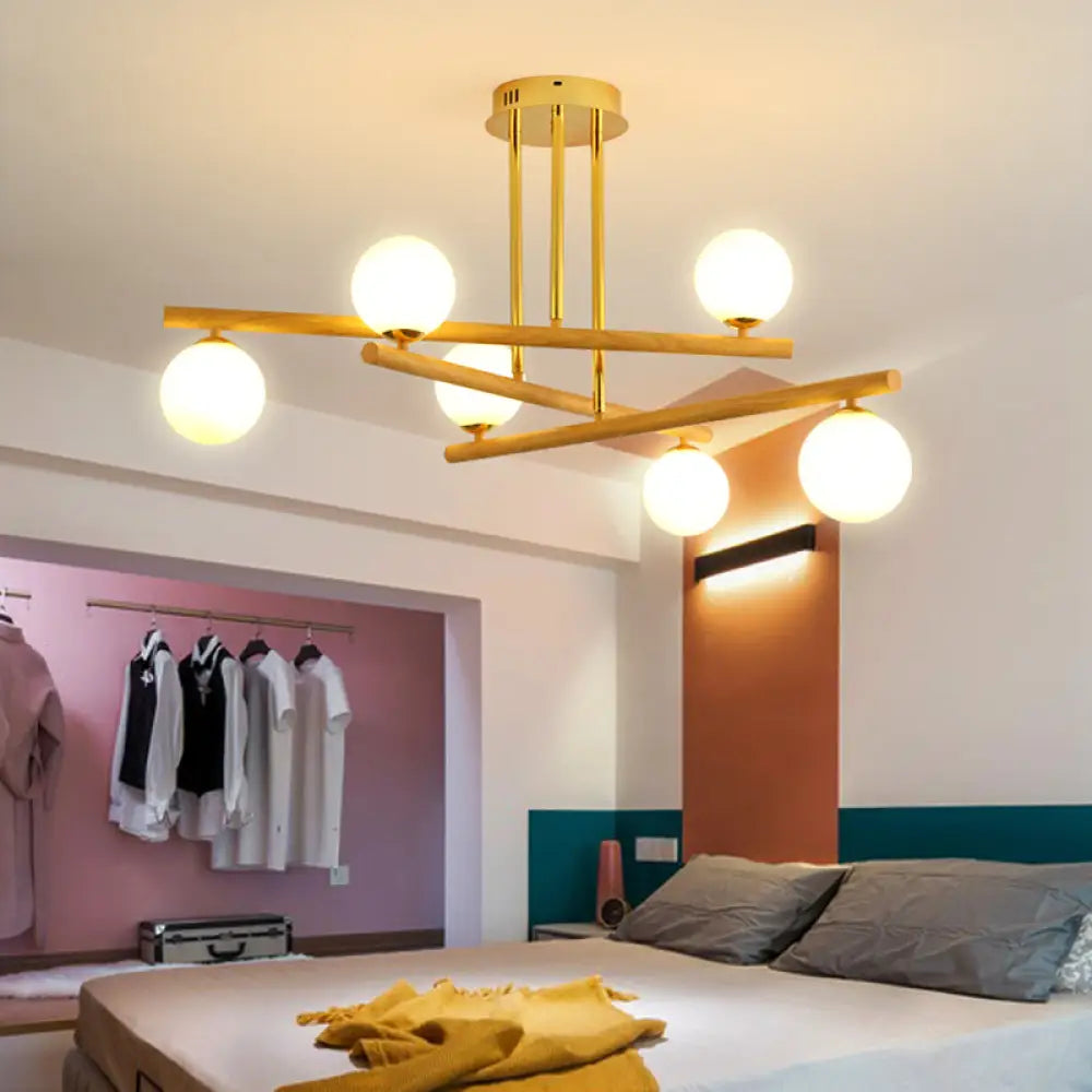 Wooden Spherical Chandelier With Opal Glass Shade For Minimalist Bedroom Lighting 6 / Wood
