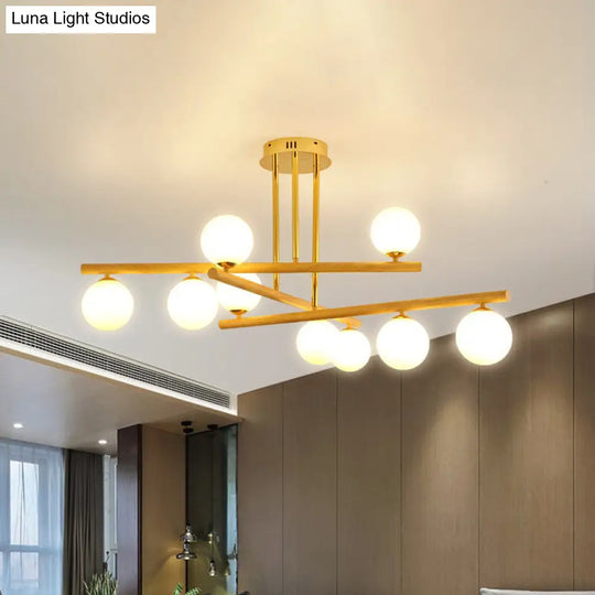 Modern Wood And Glass Sphere Chandelier - Minimalist Hanging Light For Bedroom