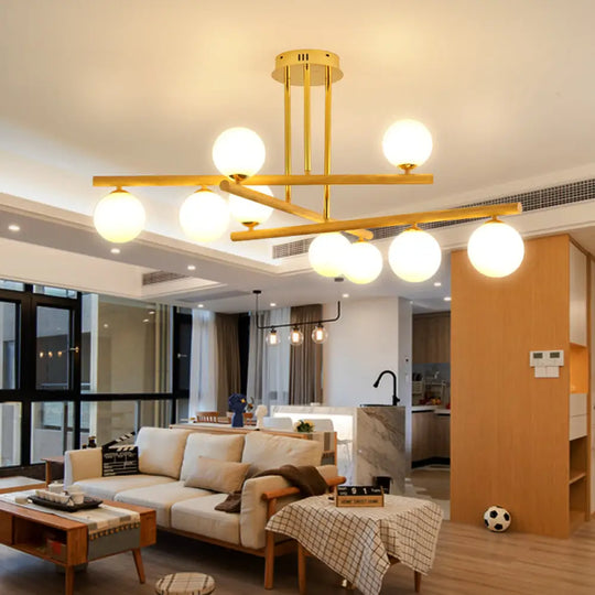 Wooden Spherical Chandelier With Opal Glass Shade For Minimalist Bedroom Lighting 9 / Wood