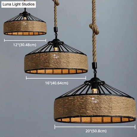 Wrought Iron Barn Pendant Light With Hemp Rope Single Bulb Drop Lamp For Bars