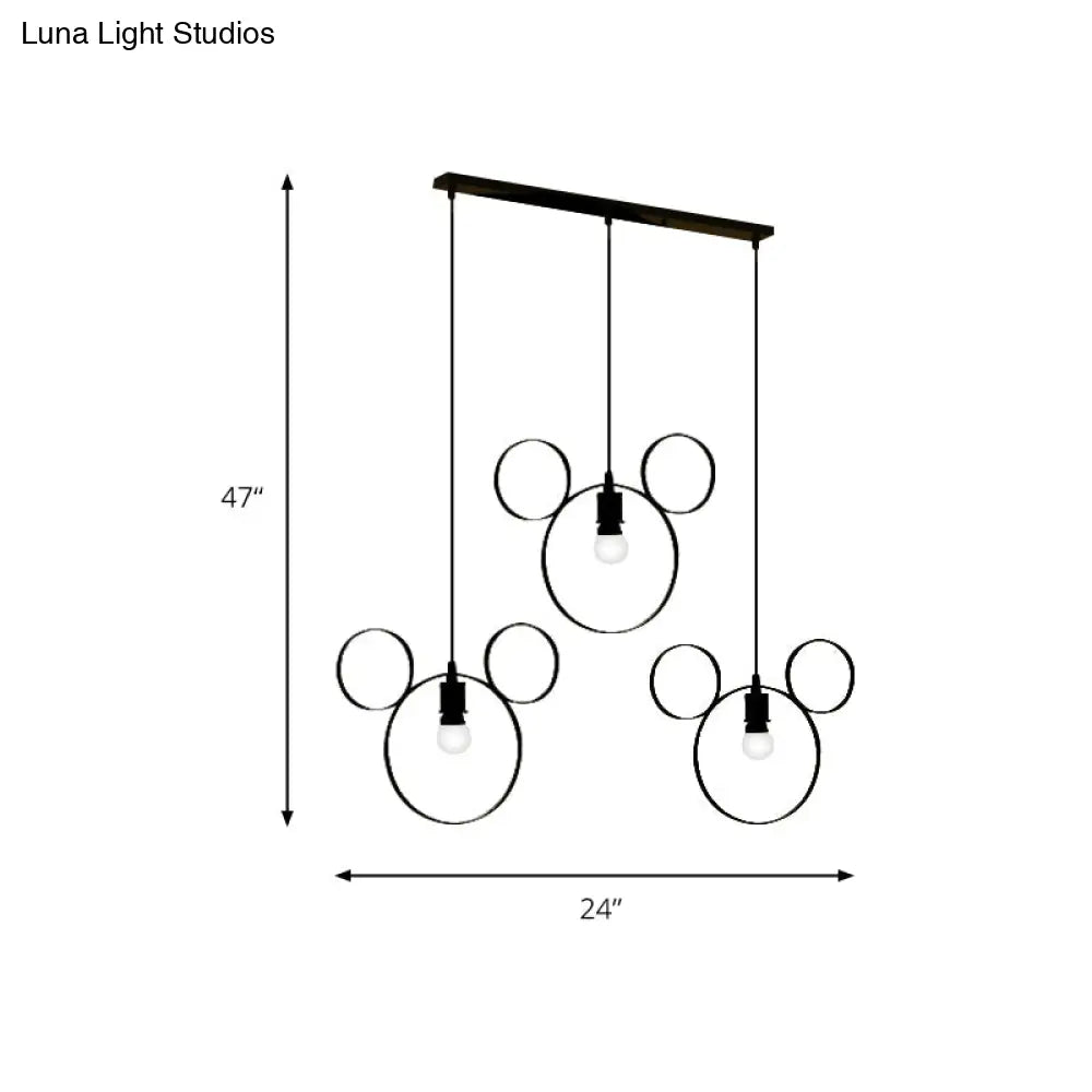 Wrought Iron Bear Pendant Light - Modern Style 3-Light Hanging Lamp In Black
