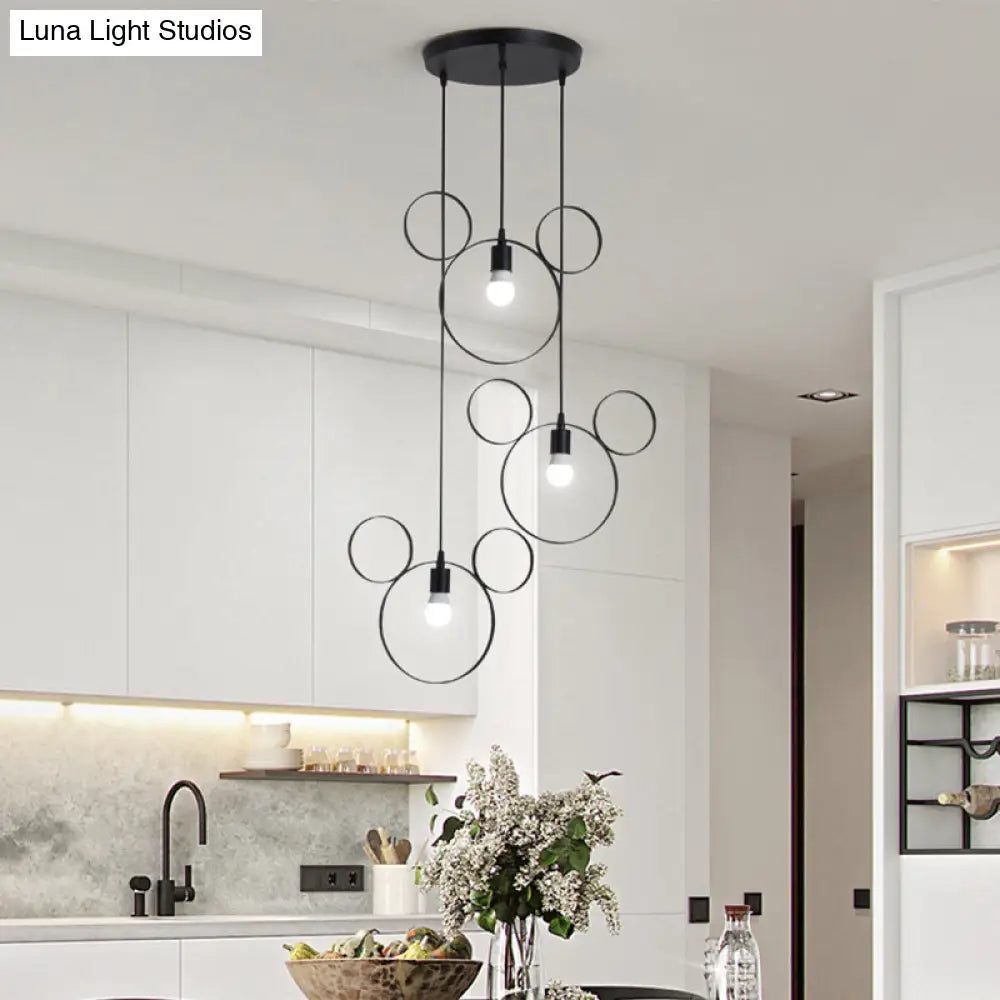 Wrought Iron Bear Pendant Light - Modern Style 3-Light Hanging Lamp In Black