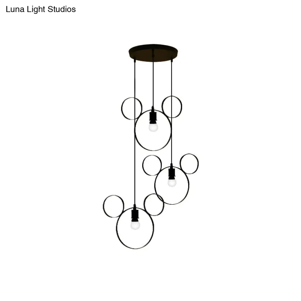 Wrought Iron Bear Pendant Light - Modern Style 3-Light Hanging Lamp In Black