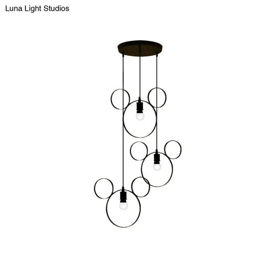 Wrought Iron Bear Pendant Light - Modern Style 3-Light Hanging Lamp In Black