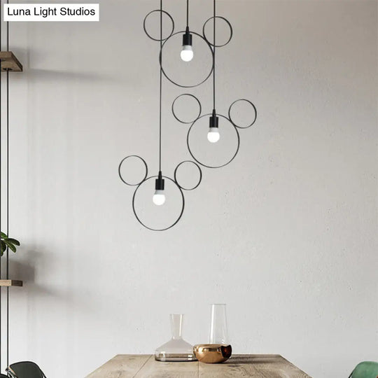 Wrought Iron Bear Pendant Light - Modern Style 3-Light Hanging Lamp In Black