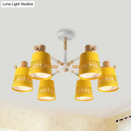 Wrought Iron Carved Chandelier - 6-Light Macaron Style Hanging Light For Living Room