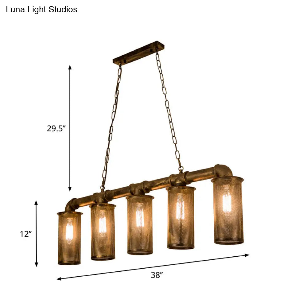 Wrought Iron Pipe Pendant Lighting With 5 Heads - Warehouse Brass Ceiling Light For Restaurant