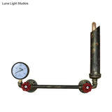 Wrought Iron Tubed Sconce Lighting With Valve And Gauge Vintage Wall Lamp