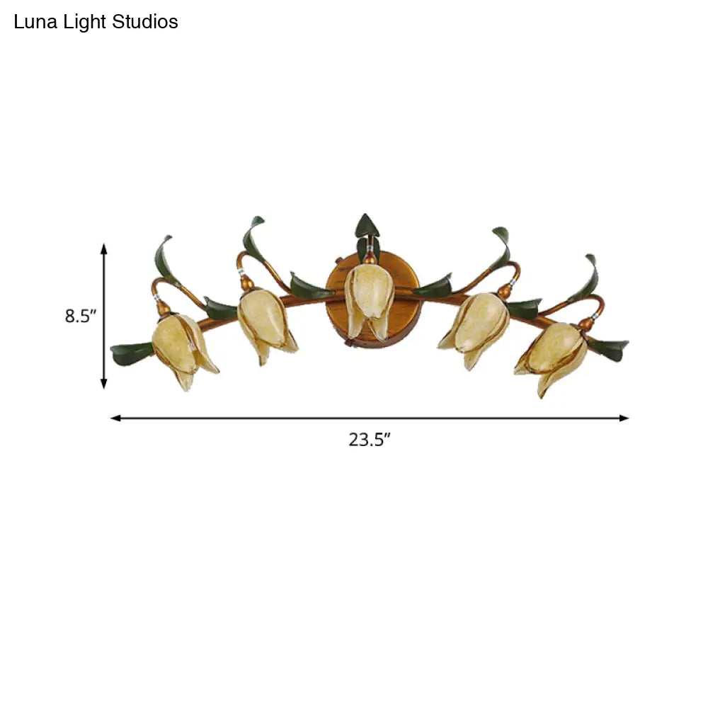 Yellow Flower Rustic Glass Sconce For Bathroom Wall - Swirled Gold Arm 3/5 Lights Fixture