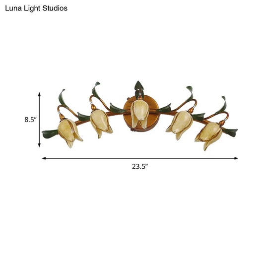 Yellow Flower Rustic Glass Sconce For Bathroom Wall - Swirled Gold Arm 3/5 Lights Fixture