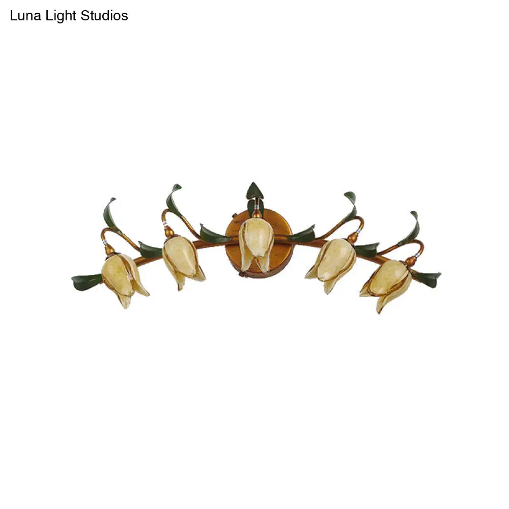 Yellow Flower Rustic Glass Sconce For Bathroom Wall - Swirled Gold Arm 3/5 Lights Fixture