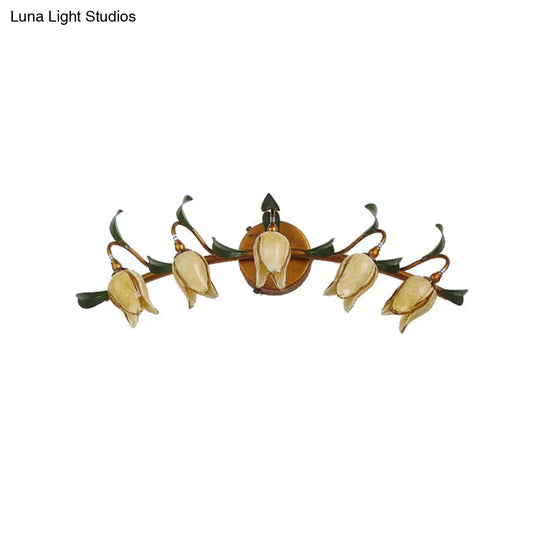 Yellow Flower Rustic Glass Sconce For Bathroom Wall - Swirled Gold Arm 3/5 Lights Fixture