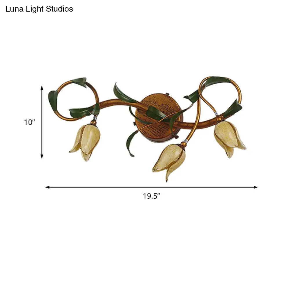 Yellow Flower Rustic Glass Sconce For Bathroom Wall - Swirled Gold Arm 3/5 Lights Fixture
