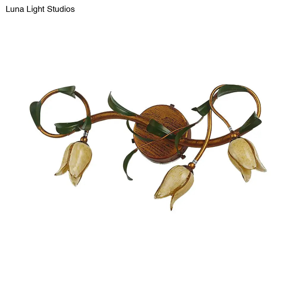 Yellow Flower Rustic Glass Sconce For Bathroom Wall - Swirled Gold Arm 3/5 Lights Fixture