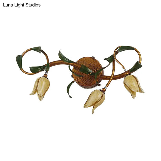Yellow Flower Rustic Glass Sconce For Bathroom Wall - Swirled Gold Arm 3/5 Lights Fixture