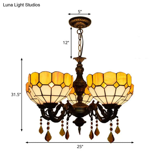 Rustic 5-Head Glass Shade Chandelier With Crystal Accents - Yellow Dining Room Light