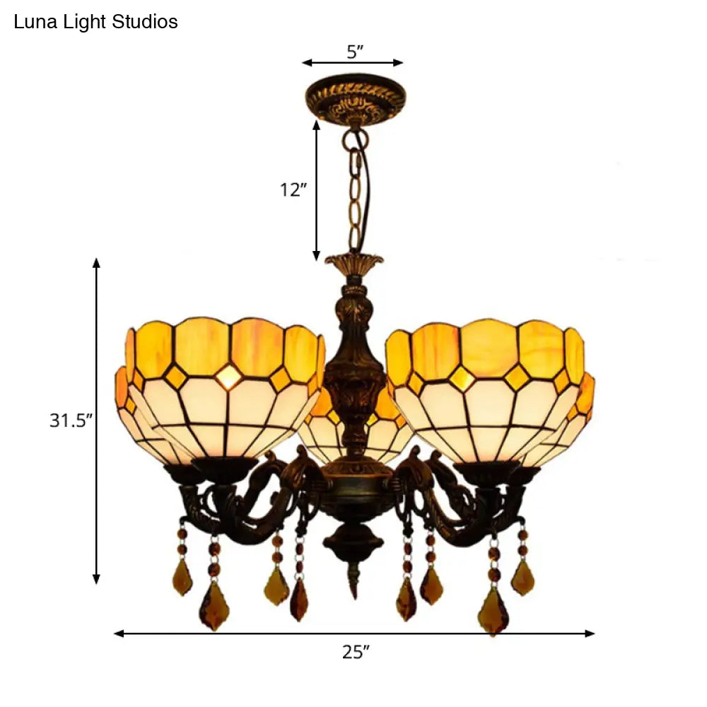 Yellow Glass Shade Chandelier: 5 Heads Rustic Design With Crystal Accents For Dining Room