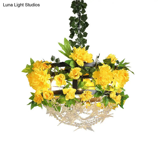 Industrial Iron 3-Light Yellow Round Cage Ceiling Chandelier With Crystal Accent - Restaurant