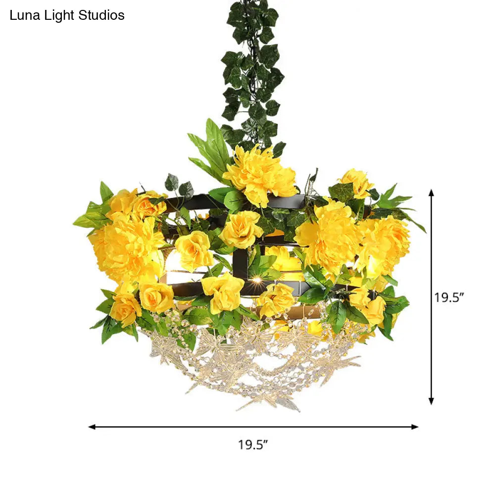 Yellow Round Industrial Iron Ceiling Chandelier - 3-Light Restaurant Pendant Lamp With Crystal And