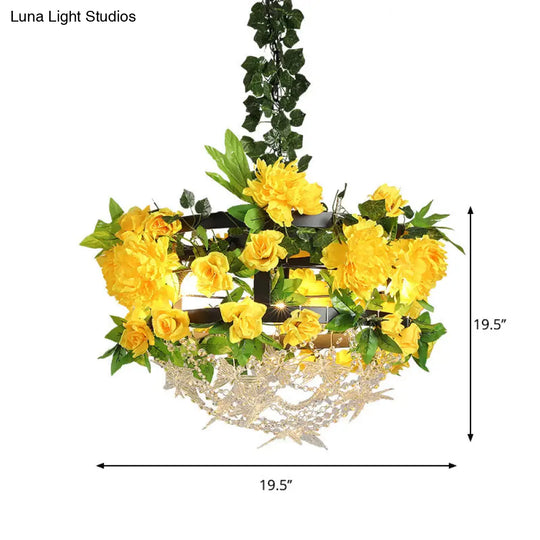 Yellow Round Industrial Iron Ceiling Chandelier - 3-Light Restaurant Pendant Lamp With Crystal And