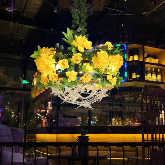 Yellow Round Industrial Iron Ceiling Chandelier - 3-Light Restaurant Pendant Lamp With Crystal And