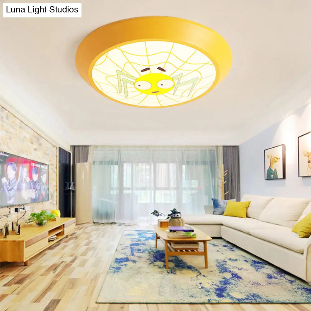 Yellow Round Spider Cartoon Ceiling Light - Acrylic Flush Mount / White
